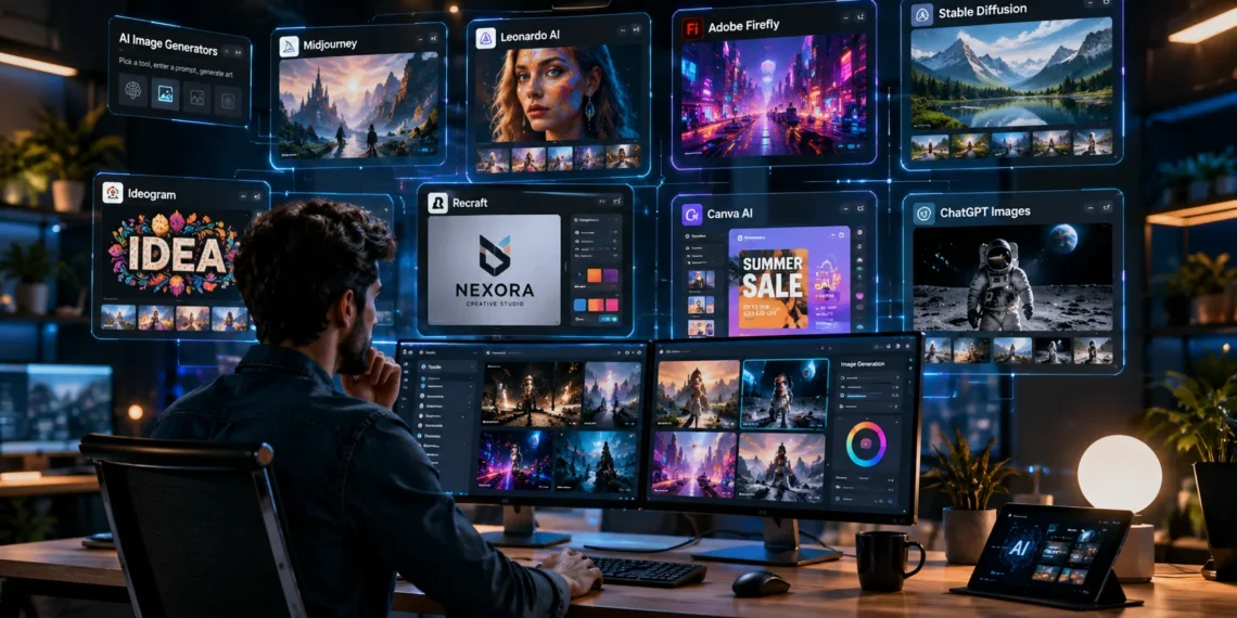 Professional designer comparing AI tools like Midjourney on multiple screens to create digital artwork, realistic images, and marketing graphics.