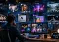Professional designer comparing AI tools like Midjourney on multiple screens to create digital artwork, realistic images, and marketing graphics.