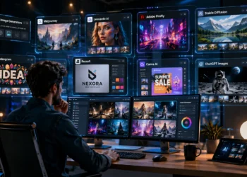 Professional designer comparing AI tools like Midjourney on multiple screens to create digital artwork, realistic images, and marketing graphics.