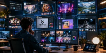 Professional designer comparing AI tools like Midjourney on multiple screens to create digital artwork, realistic images, and marketing graphics.