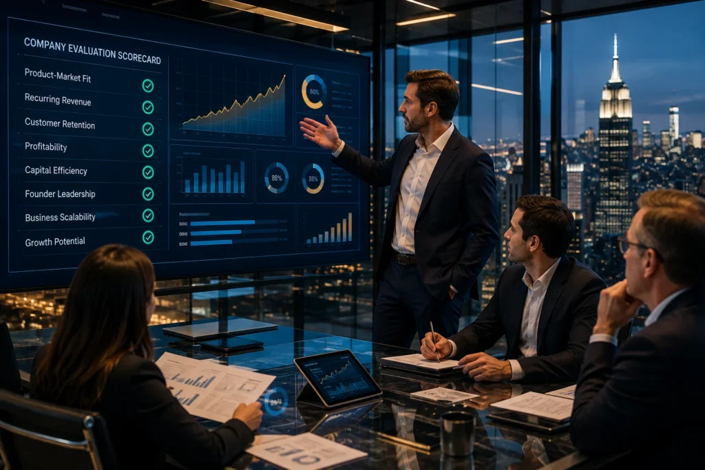 Investment team evaluating a technology company using growth equity selection criteria.