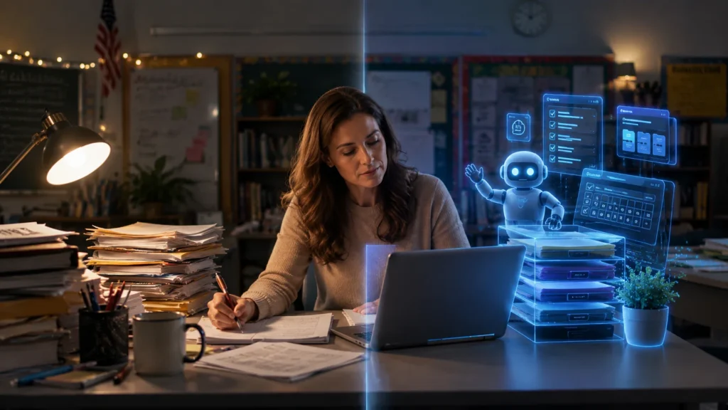Modern teacher using multiple AI education tools to improve lesson planning, grading, and classroom workflow.