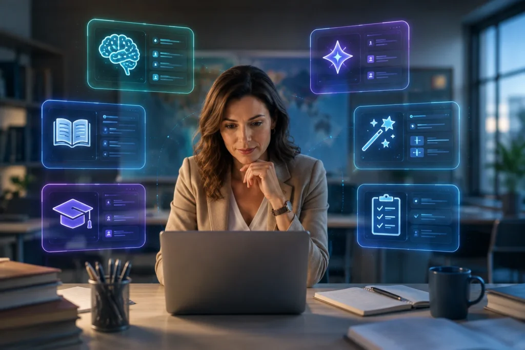 Teacher comparing AI tools including ChatGPT, Google Gemini, NotebookLM, Canva AI, MagicSchool AI, and Brisk Teaching for classroom productivity.