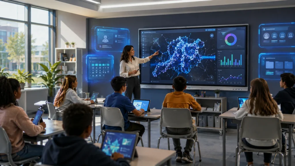 Teacher using AI-powered classroom technology with interactive smart board and personalized learning dashboards in a modern classroom.