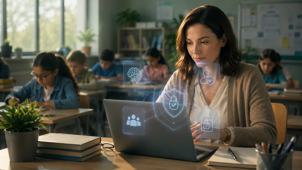 Teacher reviewing AI-generated lesson plans while ensuring student privacy and responsible AI use in a modern classroom.