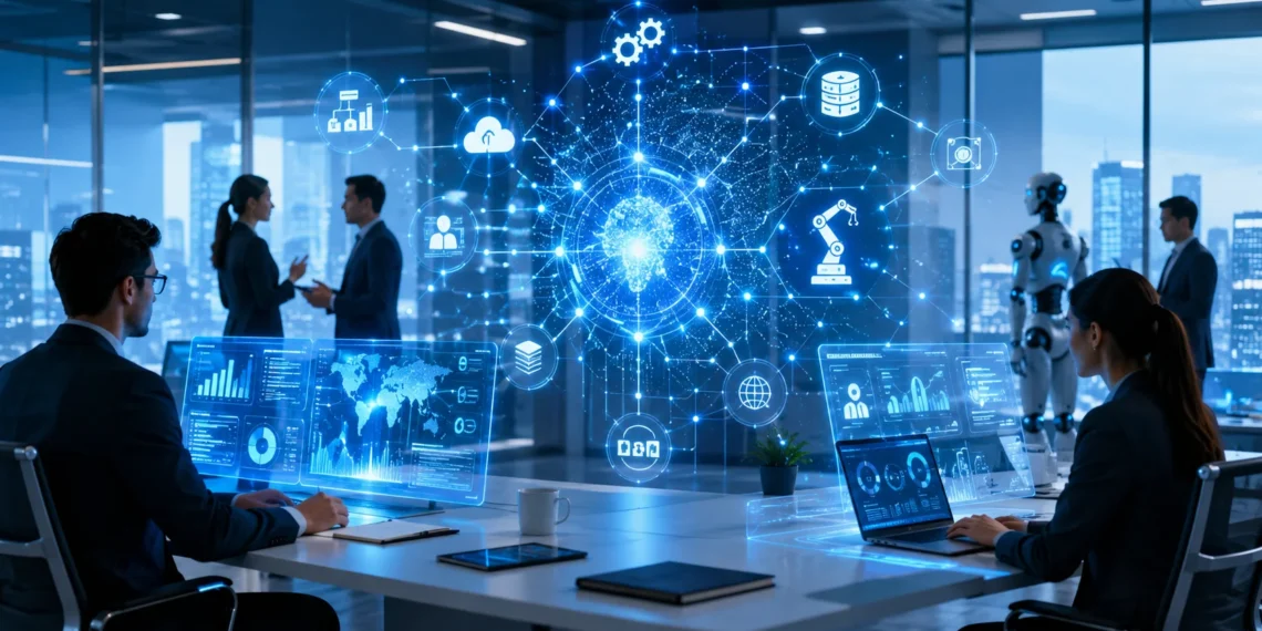 AI automation tools dashboard showing business workflow automation, AI agents, machine learning, and cloud integrations in a modern digital workspace.