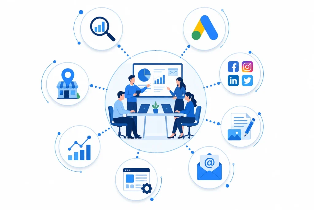 Infographic showing a digital marketing agency connected to SEO, Google Ads, social media marketing, content marketing, email marketing, website optimization, analytics, and local SEO.