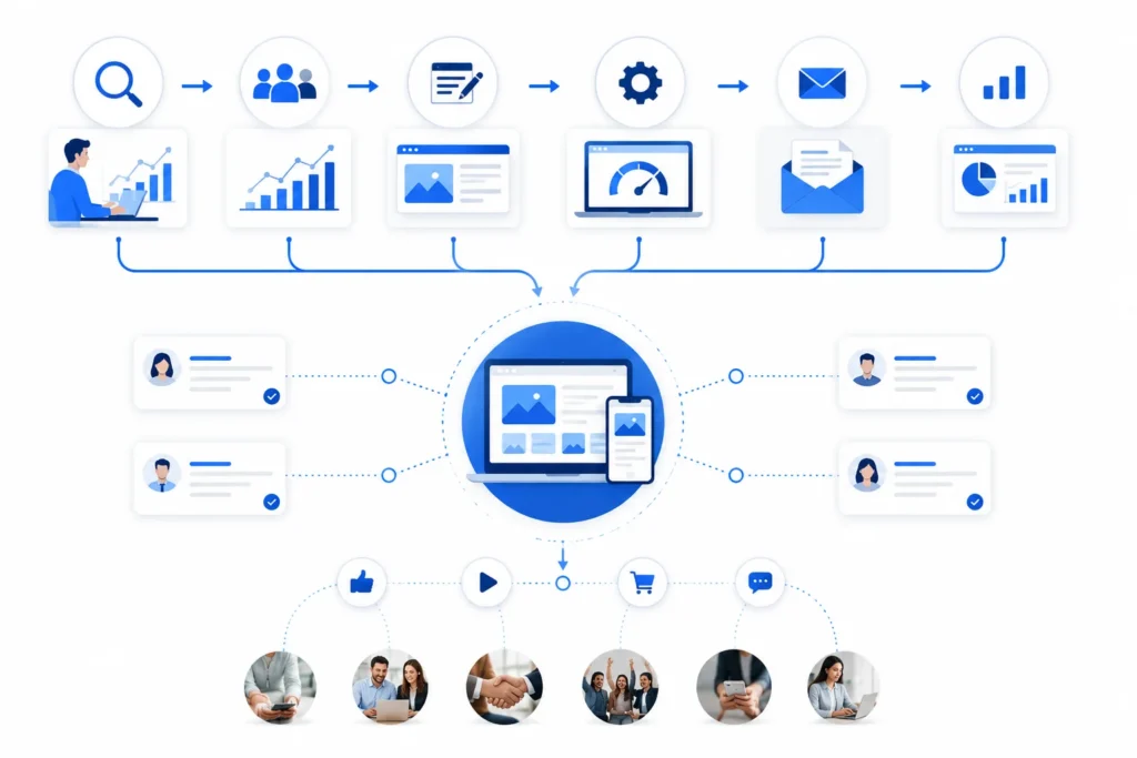 Digital marketing workflow infographic showing how SEO, content marketing, website optimization, email marketing, analytics, and integrated marketing channels drive business growth.