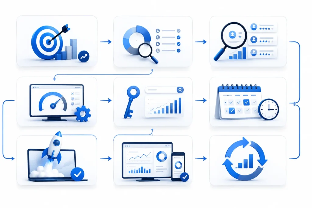 Digital marketing strategy roadmap infographic showing business goals, audience research, website audit, keyword research, campaign planning, analytics, and continuous optimization.