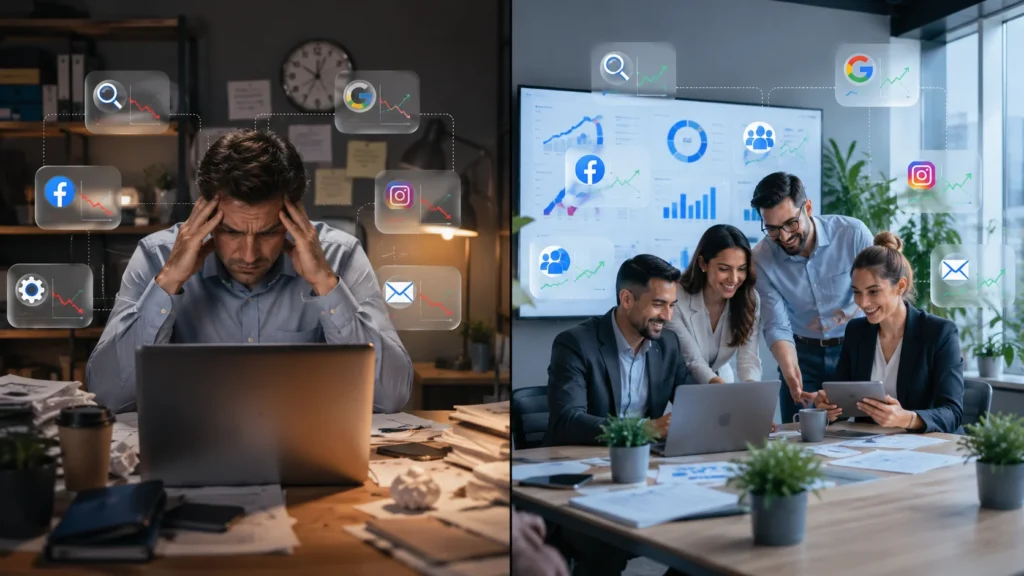 Split-screen comparison showing a small business owner struggling with digital marketing on one side and a professional digital marketing agency driving business growth on the other.