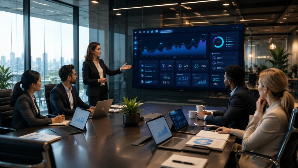 HR professionals and Learning & Development teams using AI-powered training dashboards and employee learning analytics during a corporate meeting.
