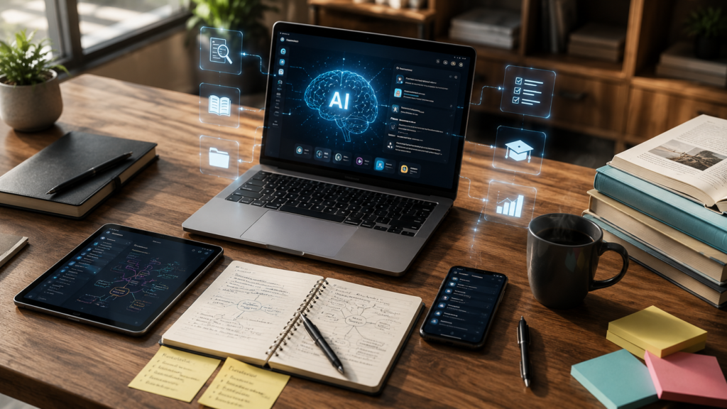 Modern workspace showing an AI-powered learning workflow with a laptop, digital notes, books, and productivity tools for research, learning, and skill development.