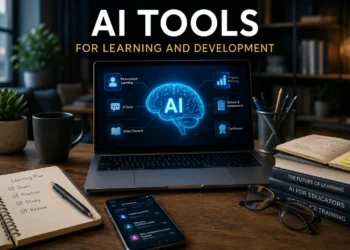 Modern AI tools for learning and development displayed in a premium workspace with digital learning dashboards and AI-powered training technology.