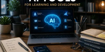 Modern AI tools for learning and development displayed in a premium workspace with digital learning dashboards and AI-powered training technology.