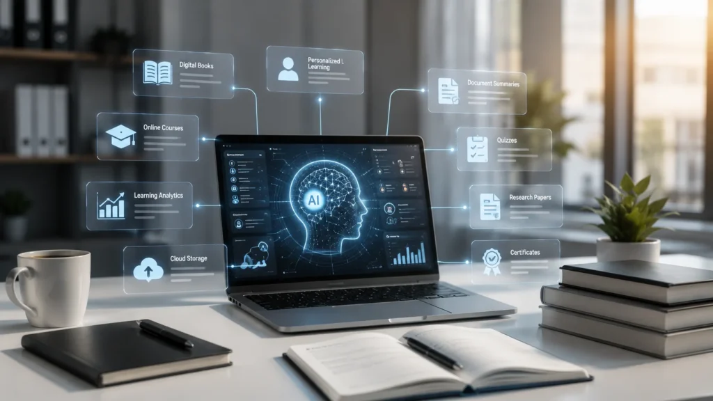AI-powered learning dashboard displaying digital books, online courses, document summaries, personalized learning paths, quizzes, and research tools in a modern workspace.