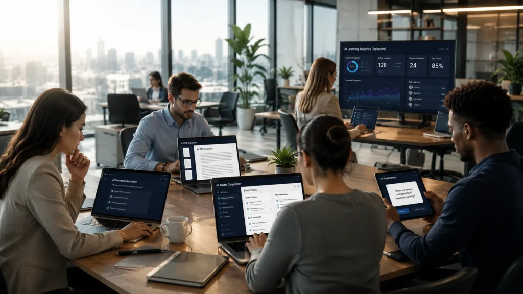 Professionals using different AI tools for research, document analysis, note-taking, flashcards, and workplace learning in a modern collaborative office.