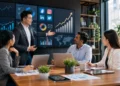 Professional digital marketing agency presenting an SEO and online growth strategy to a small business owner in a modern office.