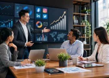 Professional digital marketing agency presenting an SEO and online growth strategy to a small business owner in a modern office.