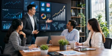 Professional digital marketing agency presenting an SEO and online growth strategy to a small business owner in a modern office.