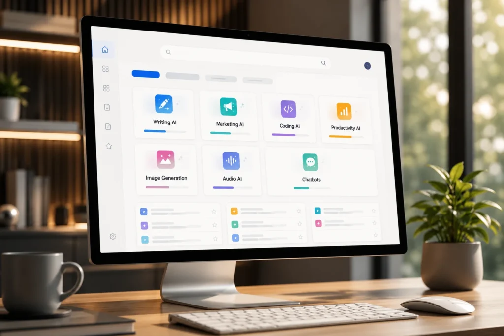 AI software directory dashboard showing categories for writing, marketing, coding, productivity, image generation, audio, and chatbots.